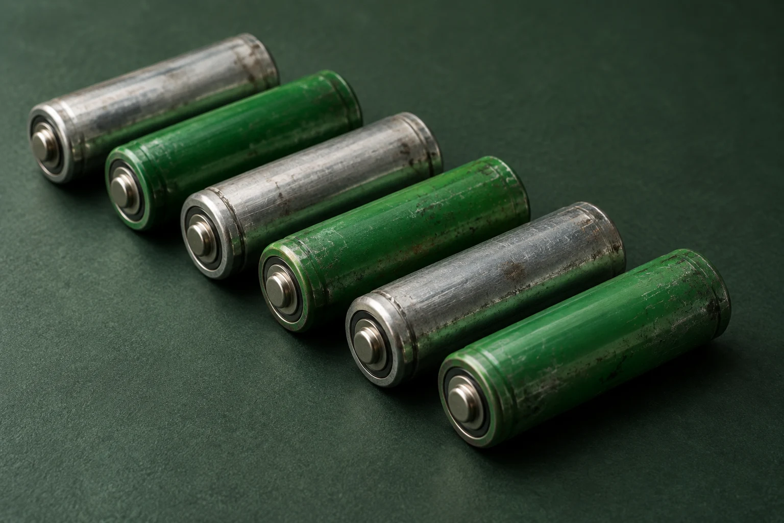 A considered arrangement of silver and green battery cells
