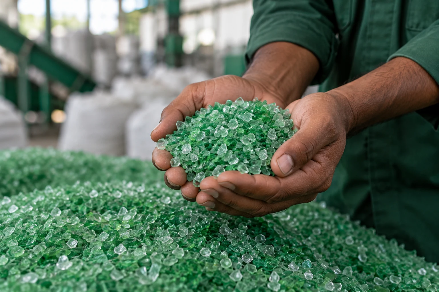 Conceptual image of a recycling worker holding recovered green plastic granules