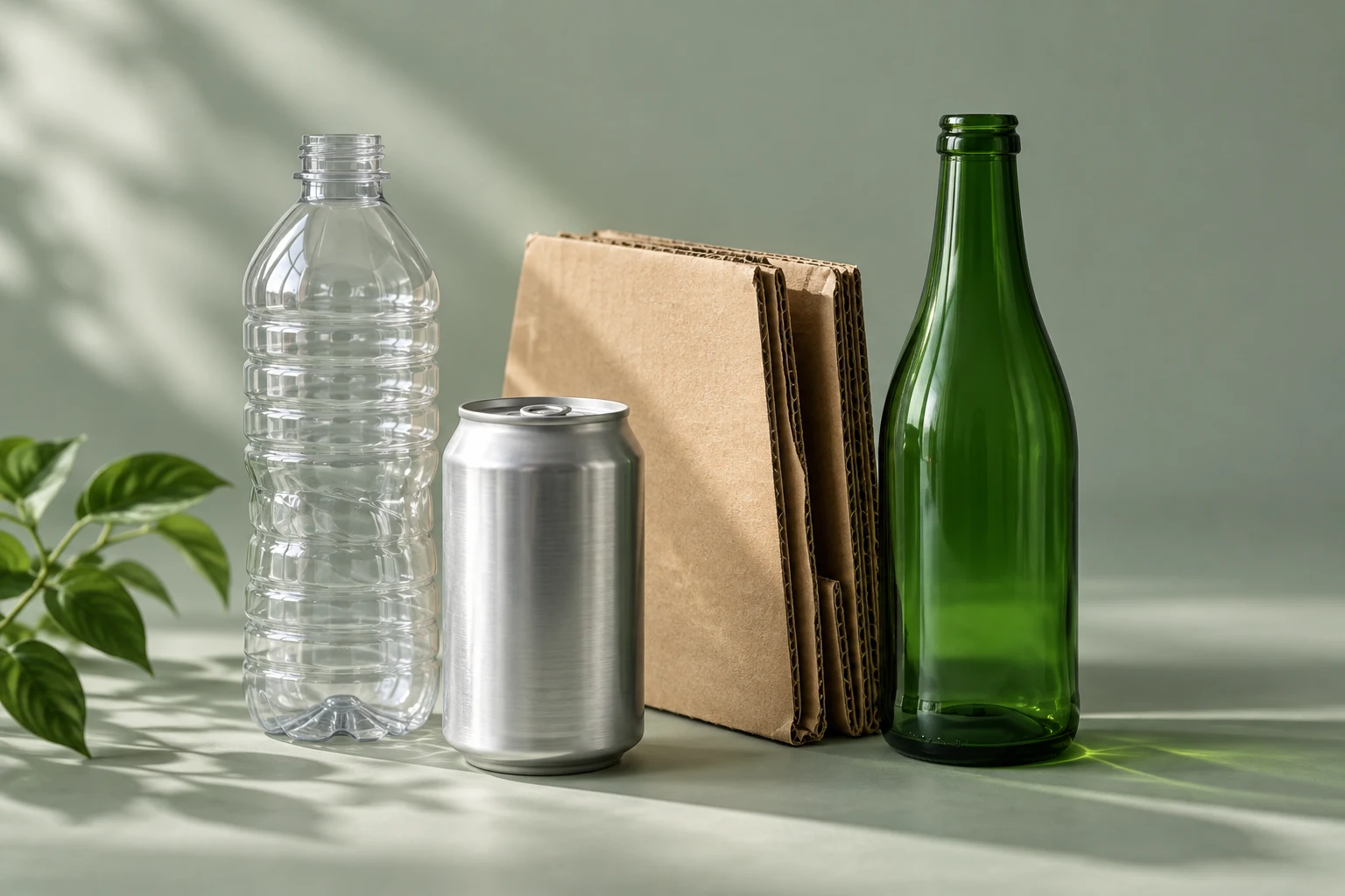 Clean recyclable materials including plastic, glass, aluminium and cardboard