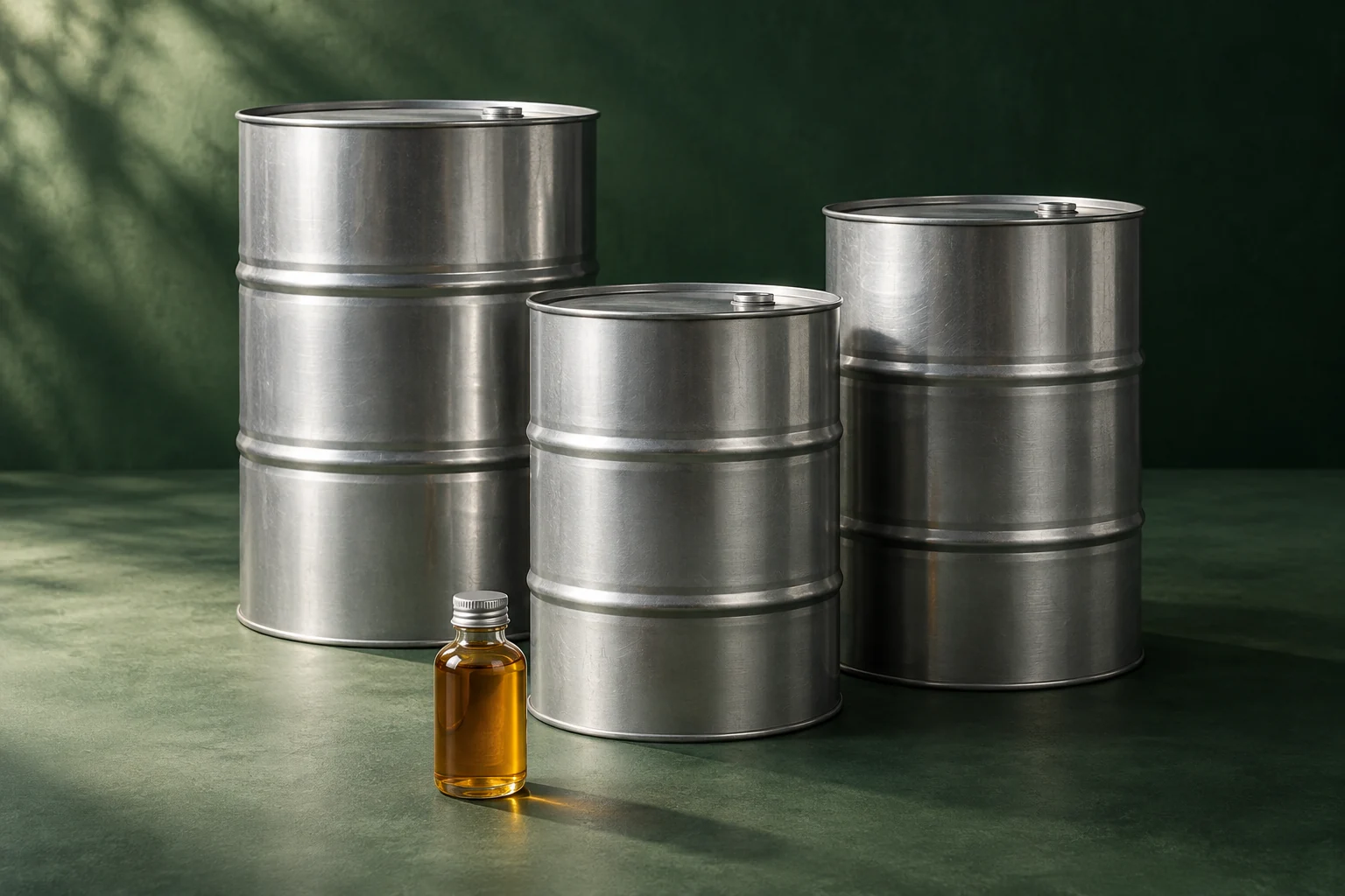 Closed steel oil drums beside a sealed amber oil sample bottle